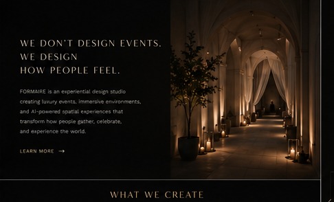 Editorial studio composition showing brand philosophy and arched spatial interior