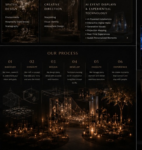 Reference board process composition with cinematic event render and studio diagrams